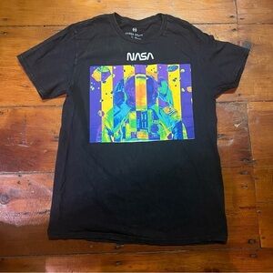 Hyper Space NASA astronaut black distressed T-shirt neon print men’s size medium